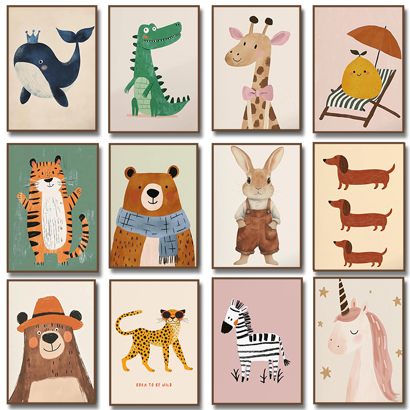 Baby Nursery Wall Art - Affiche illustrative d'animaux mignons, licorne, ours,