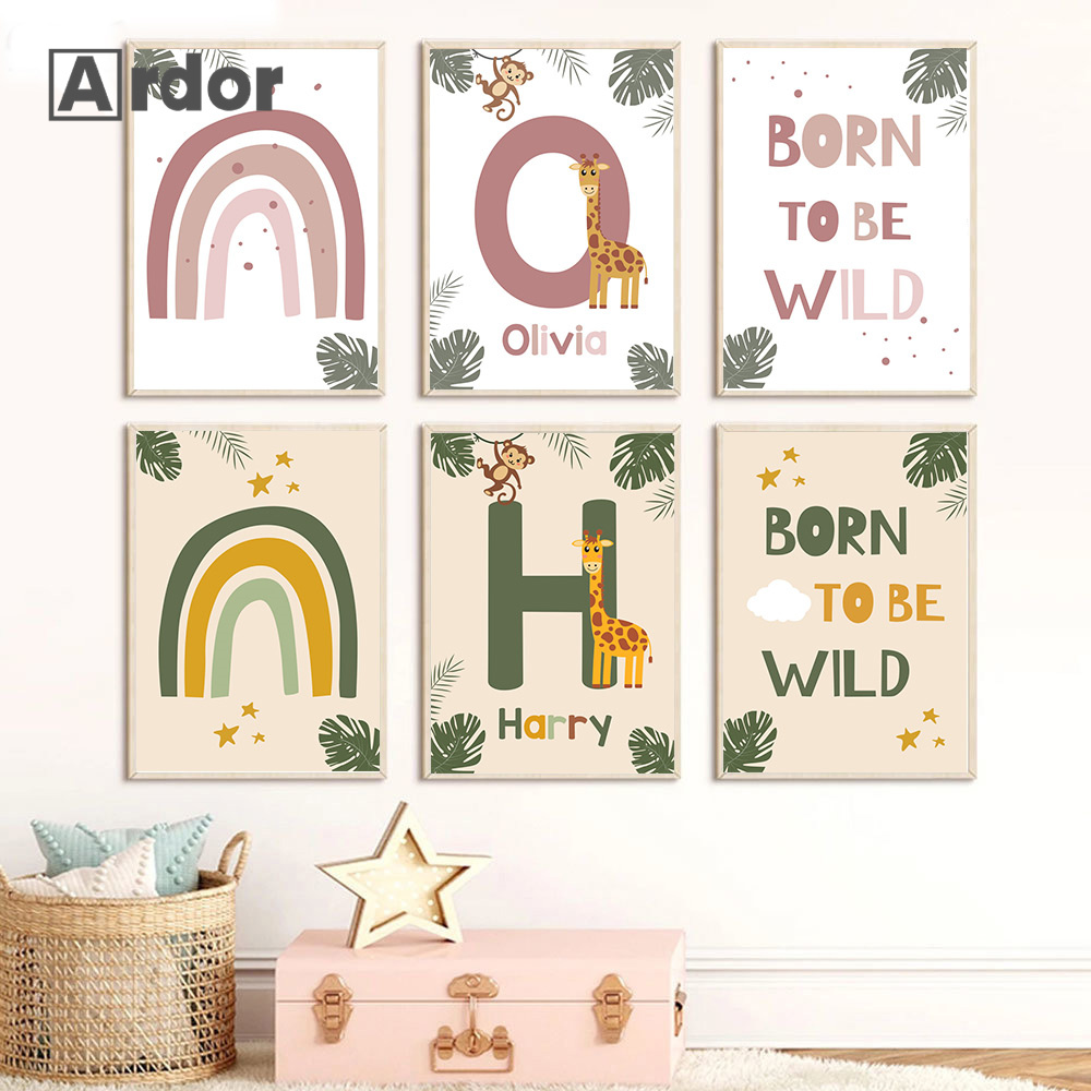 Baby Name Wall Art - Affiches d'animaux de la Jungle nordique,