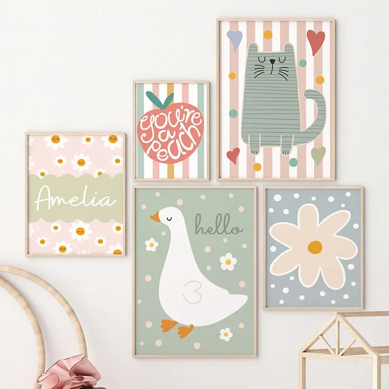 Baby Name Wall Art - Dessin animé chat canard oiseau pomme