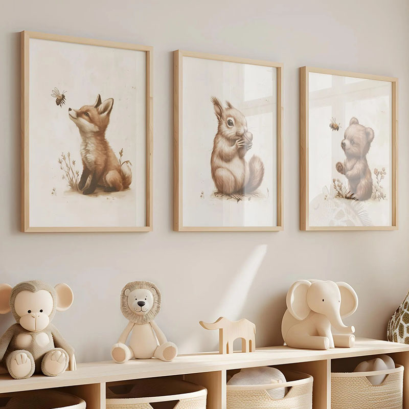 Baby Nursery Modern - Affiches d'animaux (Ours, Lapin, Renard, Cerf,